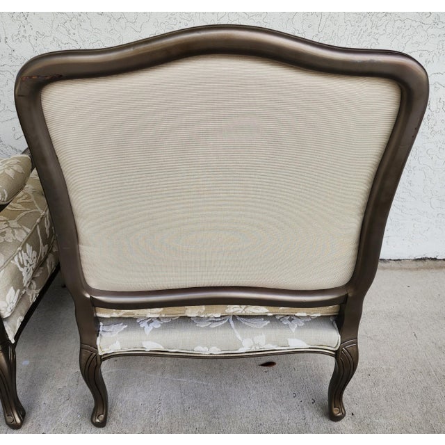 Vintage French Louis XV Armchairs Damask Linen Pair For Sale - Image 11 of 16