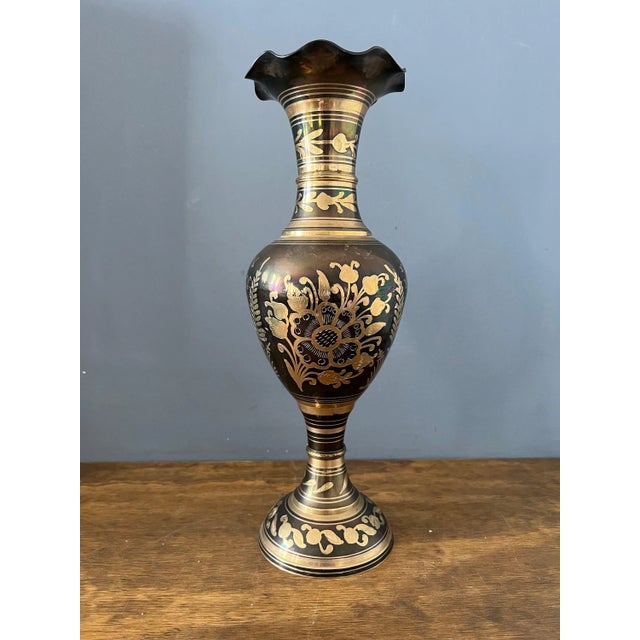 1960s Large Vintage Etched Brass Vase For Sale - Image 5 of 8