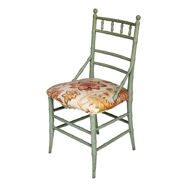 Vintage Pale Blue Bamboo Chair W/ Floral Seat For Sale