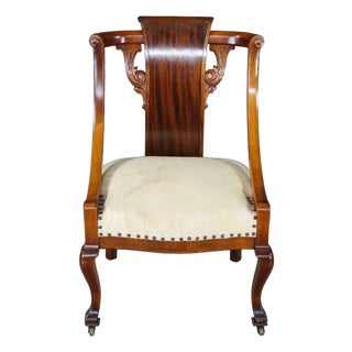 Antique 19th C. Mahogany Regency Empire Klismos Library Desk Gondola Arm Chair For Sale