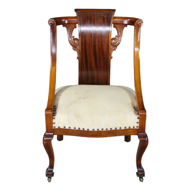Antique 19th C. Mahogany Regency Empire Klismos Library Desk Gondola Arm Chair For Sale
