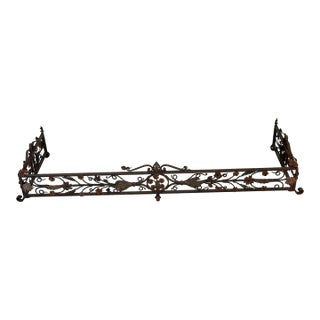 Antique Italian Hand-Forged Wrought Iron Fireplace Fender, 58” Wide, Floral Scroll & Fleur-De-Lis Architectural Hearth Guard For Sale