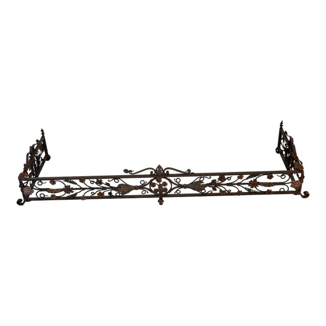 Antique Italian Hand-Forged Wrought Iron Fireplace Fender, 58” Wide, Floral Scroll & Fleur-De-Lis Architectural Hearth Guard For Sale