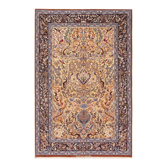 Brilliant Light Yellow and Blue Color With Special Flower Design Vintage Isfahan Rug For Sale