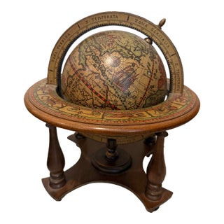 Vintage Made in Italy Old World Wooden Desk Globe W/ Stand Astrology Design 11”t For Sale