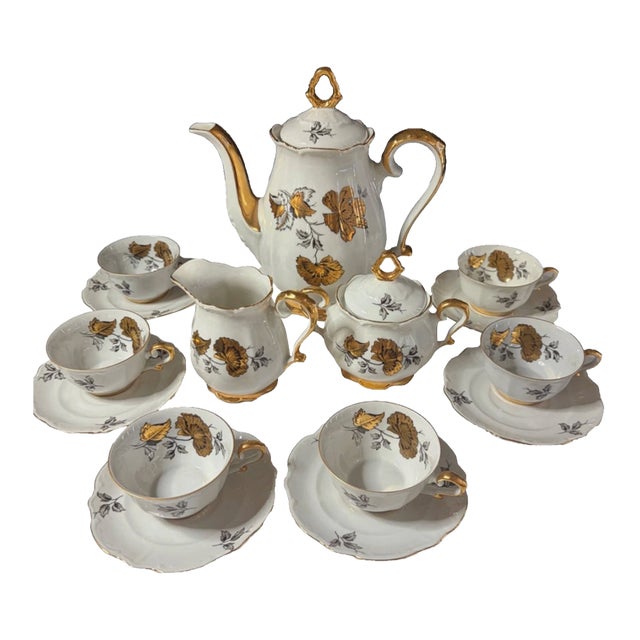 Mid 20th Century Porcelain Coffee Service Gold Rim Bareuther Waldsassen Bavaria-Germany 24k Gold - 15 pcs For Sale