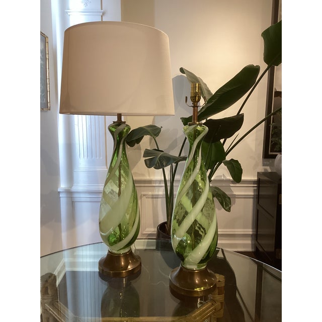 Vintage Italian Murano Green & White Spiral Art Glass Table Lamps – Restored & Rewired - Pair For Sale In Atlanta - Image 6 of 8