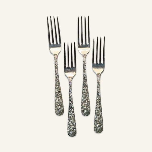 Arts & Crafts 12 Piece Set of Kirk & Son Sterling Silver Repousse Pattern Luncheon Flatware, 1950s For Sale - Image 3 of 5