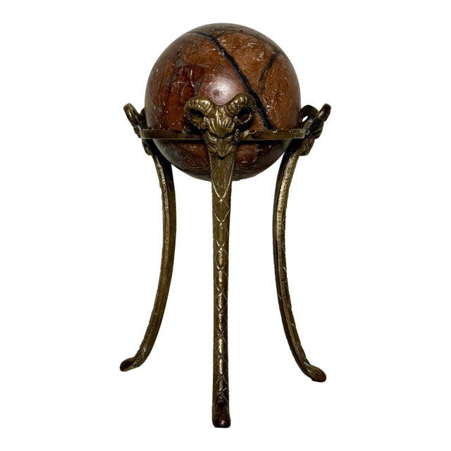 Classical Greek Marble Orb Sphere on Brass Ram’s Head Stand For Sale