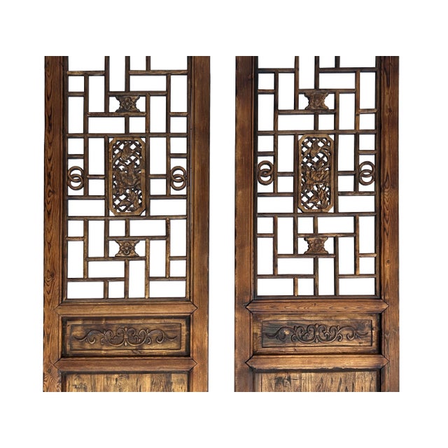 Pair Vintage Tall Flower Bird Geometric Pattern Raw Wood Door Panels For Sale In San Francisco - Image 6 of 6