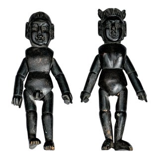 Amazing Pair Hand Carved Antique Wood Chinese Dolls Asian Folk Art For Sale