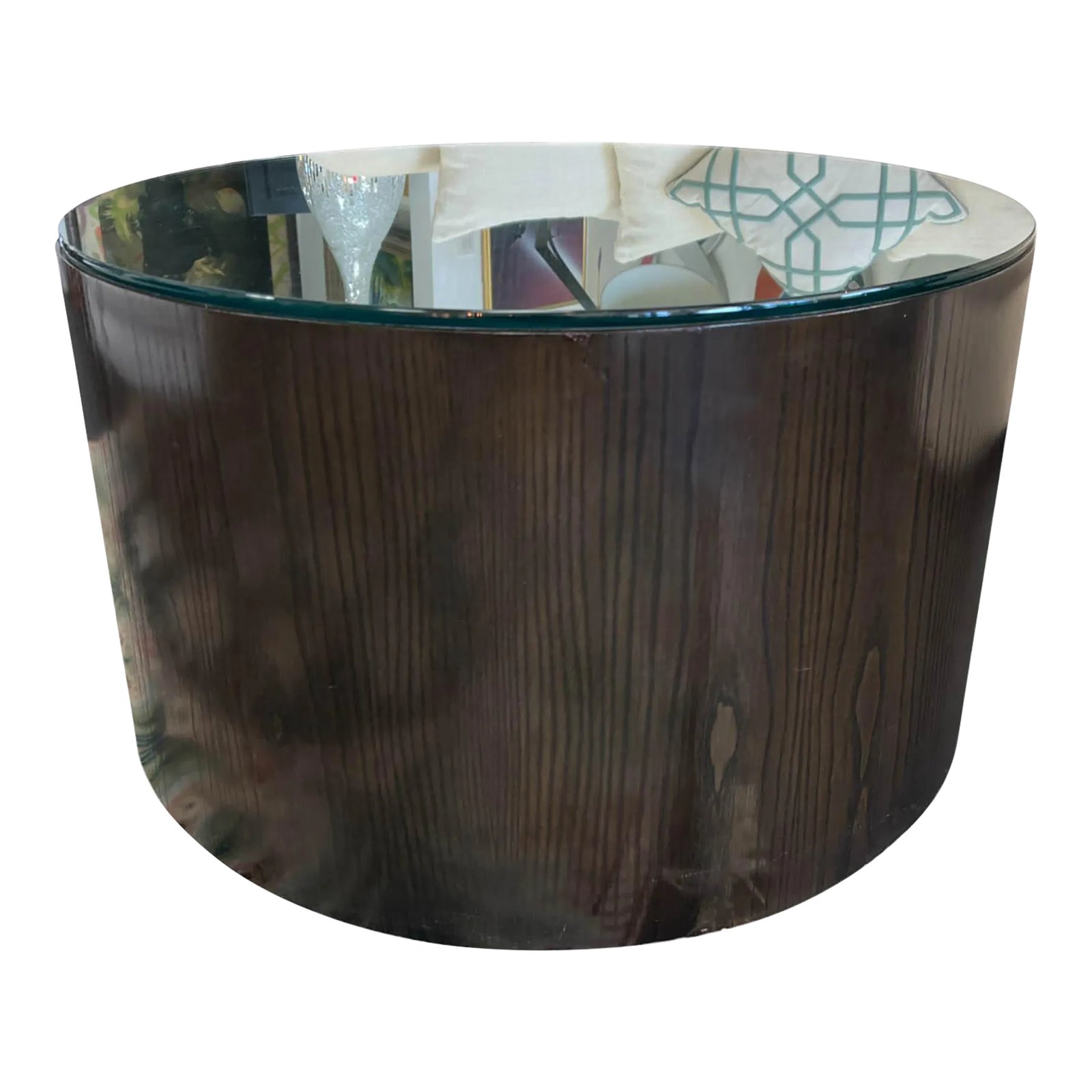 Contemporary Cylindrical Coffee Table With Glass Top | Chairish