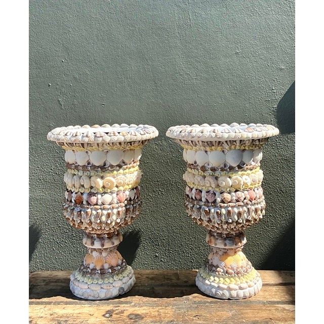 Plastic Vintage Shell Encrusted Resin Urns - A Pair For Sale - Image 7 of 12