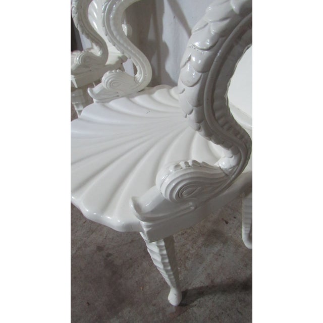 Italian Pair Mid-Century Italian Neo-Classical Carved Wood White Lacquer Shell & Dolphin Chairs For Sale - Image 3 of 14