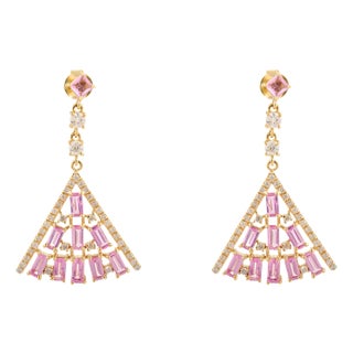 Designer Pink Sapphire Pyramid Dangle Earrings- a Pair For Sale