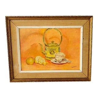 Vintage Early 20th Chinoiserie ‘Tea Time’ Oil on Canvas Still Life Painting Original Signed Matted in Gilt Frame For Sale