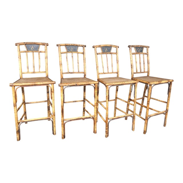 1960s Asian Pagoda Style Bamboo Table & Four Stools With Scenic Painted Panels For Sale In Los Angeles - Image 6 of 15