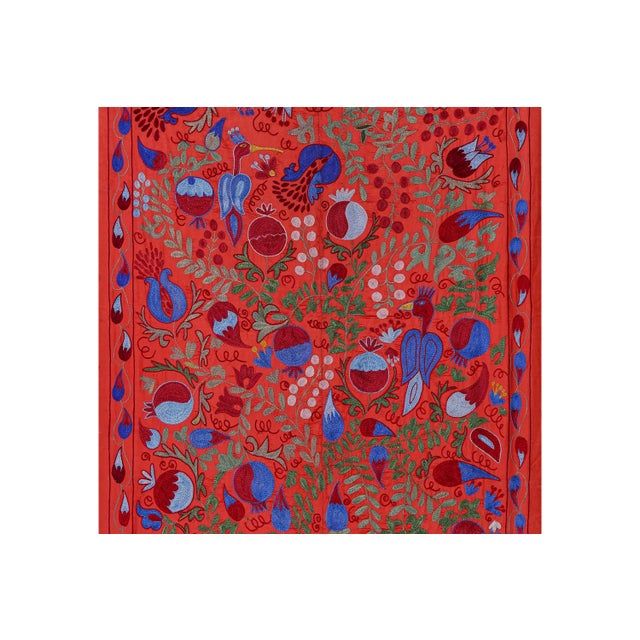 1960s Red Uzbek Suzani Embroidered Wall Hanging – Pomegranate, Bird & Horse Boho Textile 3'4'' X 6'2'' For Sale - Image 5 of 12