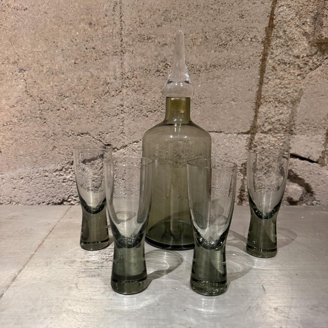 Mid-Century Modern Smoke Glass Decanter Set With Four Shot Glasses Scandinavian For Sale - Image 11 of 11