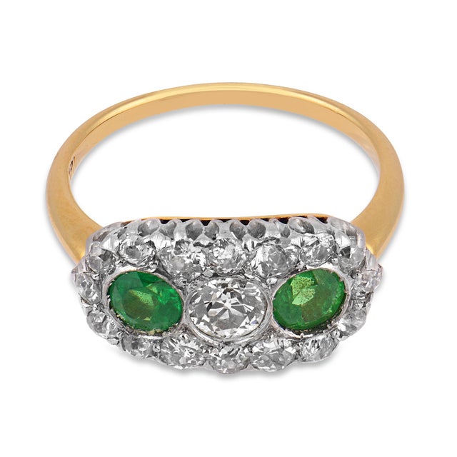 Traditional 1910s Edwardian Diamond Demantoid Garnet 18k Yellow Gold Platinum Ring, Size 5.25 For Sale - Image 3 of 6