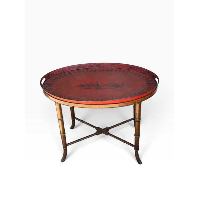 Antique Red Tole Tray Side Table on Mahogany Fan Bamboo Stand For Sale - Image 4 of 7