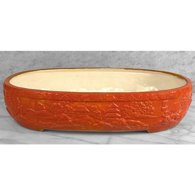 Late 20th Century Vintage Large Japanese Ceramic Orange Oval Bonsai Planter For Sale - Image 5 of 13