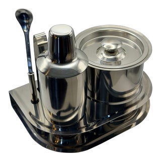 Complete Vintage Mid-Century Modern Stainless Steel Bar Set With Ice Bucket, Cocktail Shaker & Serving Tray - 5 pcs For Sale