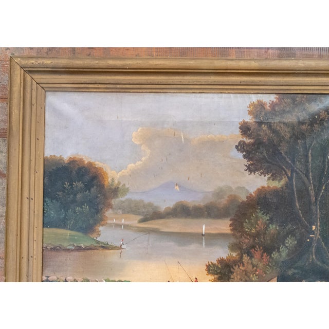 American 19th Century American Naive Folk Art Landscape Painting With Fishermen For Sale - Image 3 of 18