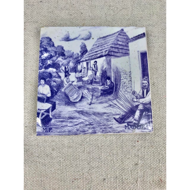 Wood Vintage Madeira Blue and White Tile Coasters-Set of 5 For Sale - Image 7 of 9
