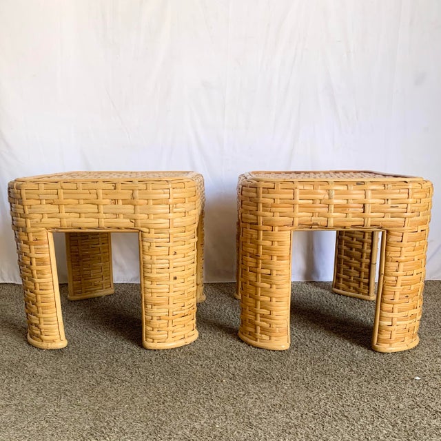 Wood Boho Chic Woven Bamboo Rattan Side Tables - A Pair For Sale - Image 7 of 8