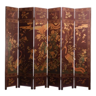 Tall Plum Coromandel Chinoiserie Lacquer 6 Panel Double-Sided Folding Screen by Lawrence & Scott For Sale