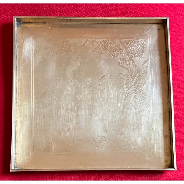 Brass Antique Early 20th Century Japanese Meiji Period Square Brass Tray With Etched Court Scene For Sale - Image 8 of 17