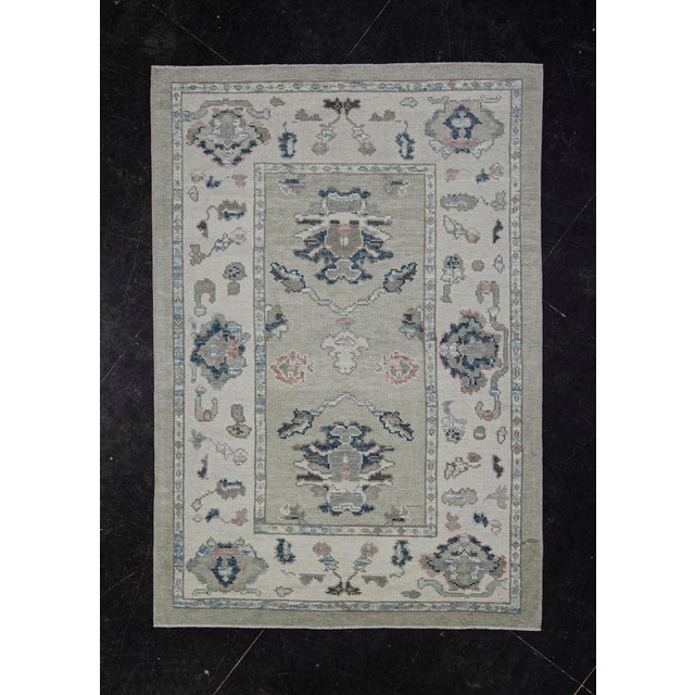 Turkish Oushak Rug Soft Gray & Blue Floral Handwoven Rug 4'1" X 6' For Sale - Image 9 of 9
