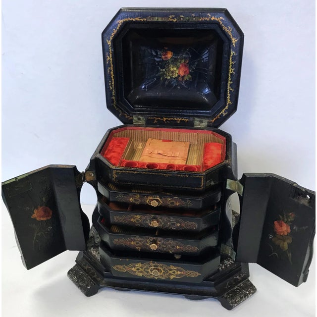 19th Century Papier Mâché Lacquered Jewelry Box Hand Painted with Inlaid With Mother-Of-Pearl For Sale - Image 12 of 13