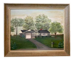 1960s Folk Art Style Connecticut House Portrait Oil Painting by Marion Twiddy Zucker, Framed
