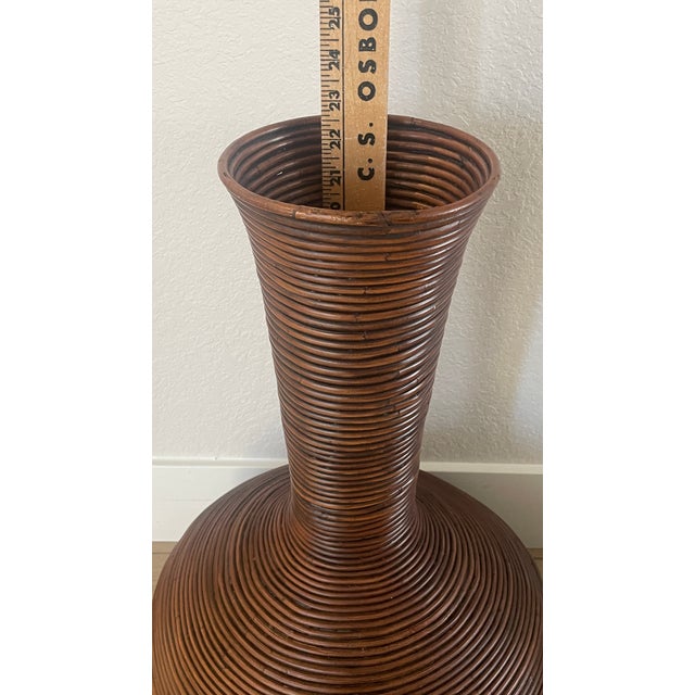 Vintage 1970's Gabriella Crespi Style Pencil Reed Rattan Floor Vases Urns- A Pair For Sale - Image 10 of 14