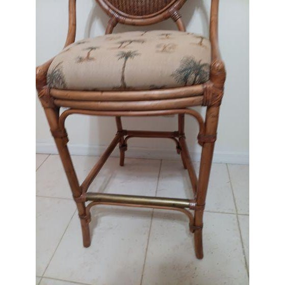 Textile 1990s Tommy Bahama Style Barstool Not Swivel Palm Fabric Upholstered Seat Set of 2 For Sale - Image 7 of 11