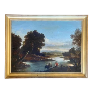 Oil on Canvas "Farmer and His Cows in the Countryside" 1850 France