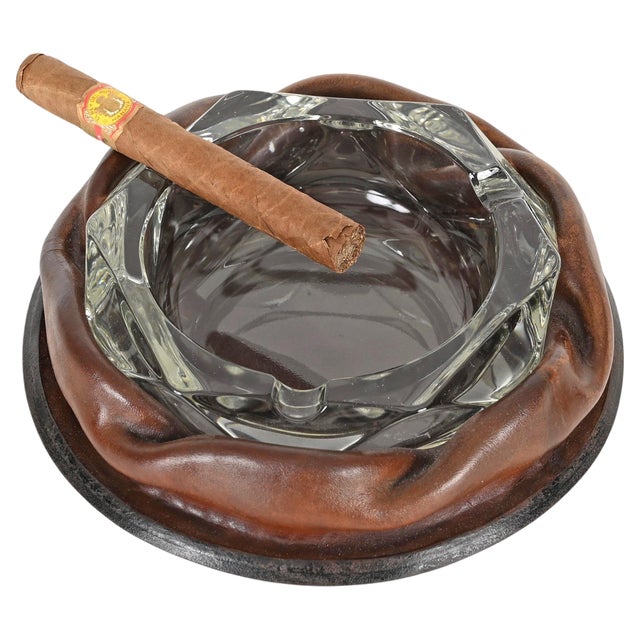 Adnet Brown Curved Leather and Crystal Glass Ashtray, 1950s For Sale