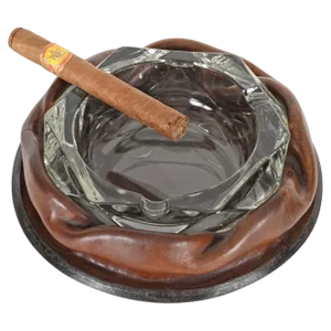 Adnet Brown Curved Leather and Crystal Glass Ashtray, 1950s
