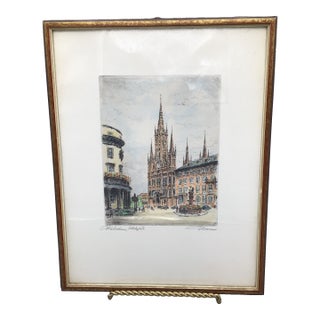 Framed and Signed Aquatint Etching Wiesbaden,the Fountain at Castle Square For Sale