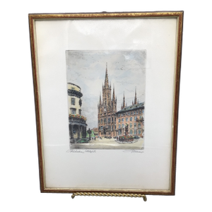 Framed and Signed Aquatint Etching Wiesbaden,the Fountain at Castle Square