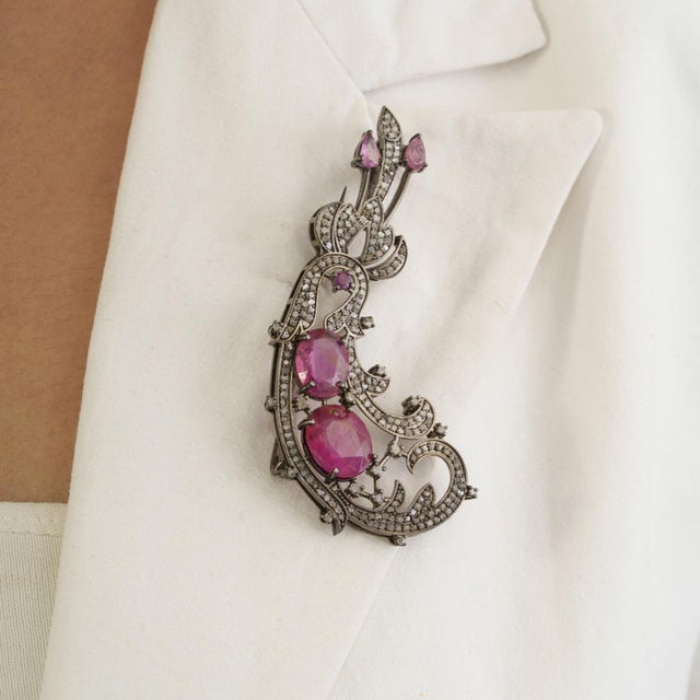 Ruby Red Vintage Inspired 9 Ct Ruby & Diamond Scrollwork Statement Brooch Pendant For Sale - Image 8 of 15