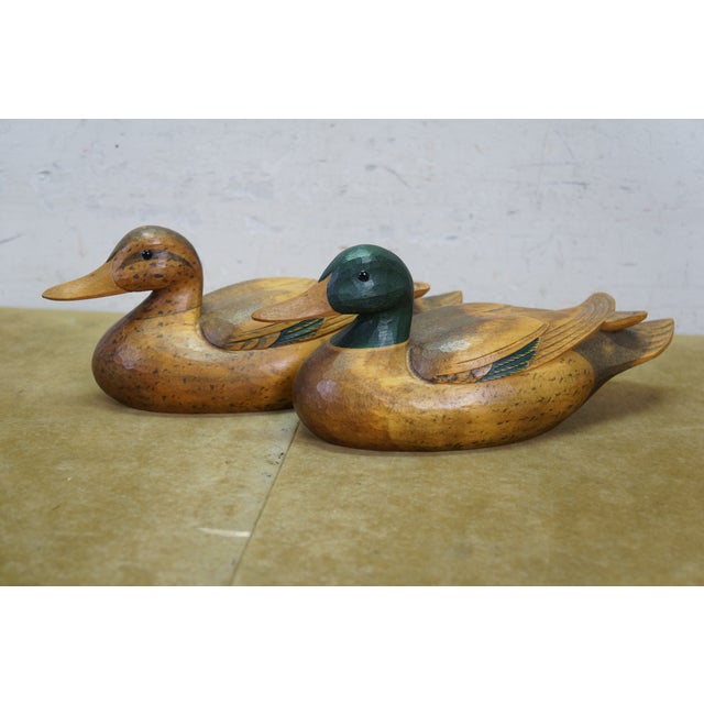 Mid 20th Century Chinese Hand-Carved Wood Mallard Drake and Hen Duck Decoys Pair 10" For Sale - Image 6 of 14
