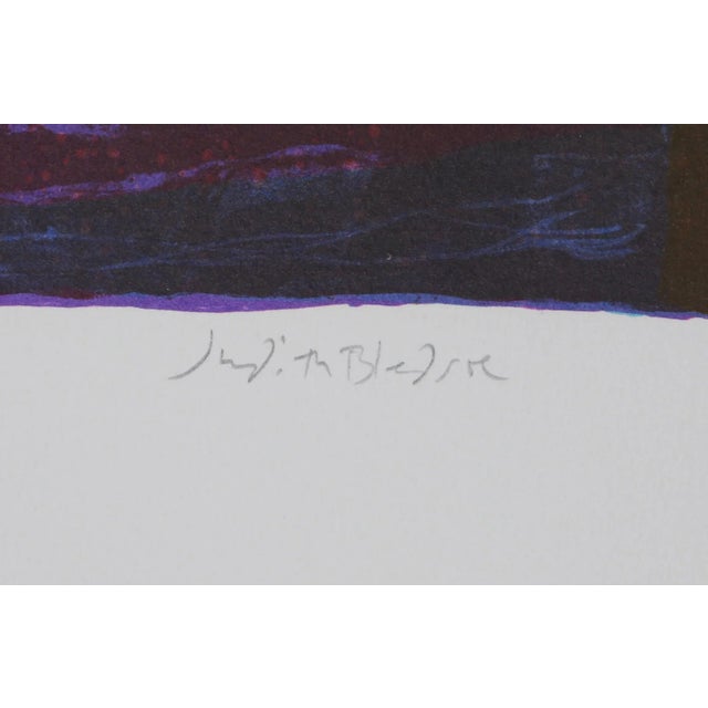 With a large red sun in the upper left of the composition, Judith Bledsoe's rendering of the sloping hillside and the...