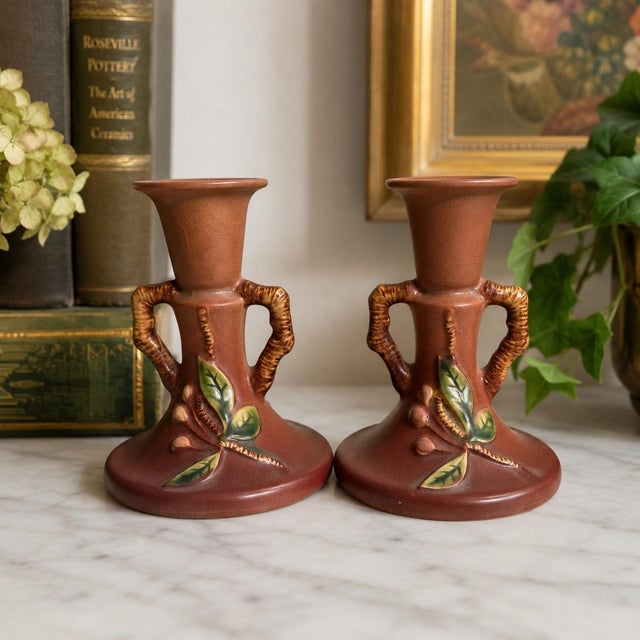 Ceramic Pair of Vintage Roseville Apple Blossom 352-4½ Art Pottery Candlesticks For Sale - Image 7 of 7