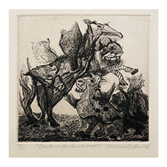 1972 Adrienne Cullom Beast in the Landscape Etching For Sale
