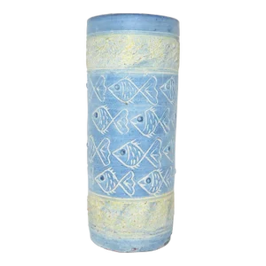 Vintage Pottery Umbrella Stand With Embossed Fish Pattern and Textured Finish