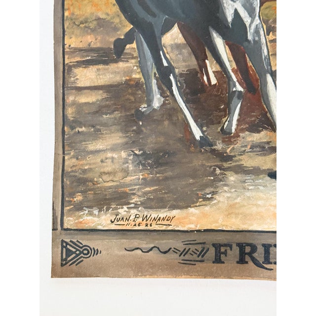 Absolutely lovely original antique Gouache painting on paper of a group of horses, titled "Friends," and signed Juan P....