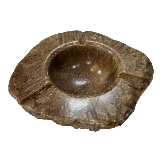 Vintage-Style Brown Marble Ashtray – Hand-Carved Organic Shape, 3 Cigar Rests For Sale
